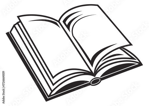 Illustration of an open book with blank pages and a dark outline on a white background view from above created with generated ai
