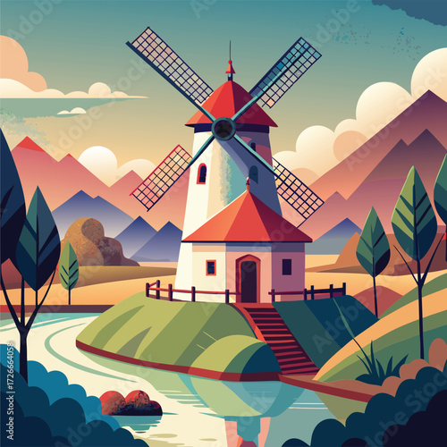 A picturesque illustration of a windmill in a valley.