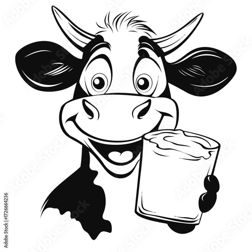 Cartoon Cow Holding Glass of Milk