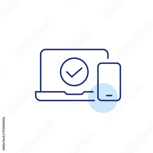 Laptop, phone and checkmark. User account confirmed, synchronization across devices. Pixel perfect, editable stroke vector icon