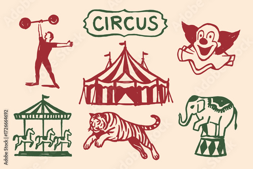 Circus elements cartoon sketch colorful on beige background vector illustration