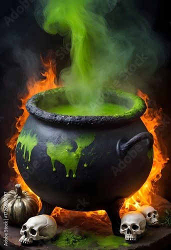 Close-up of a witches cauldron with bubbling green potion, smoke, herbs, bones and glowing embers