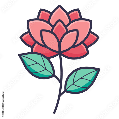 A simple and bright illustration of a blooming flower with vibrant petals and fresh green leaves against an uncluttered backdrop. Generative AI