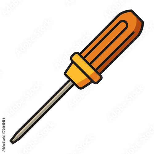 A flathead screwdriver, a fundamental tool in home improvement, rests in a clean, modern workspace. This graphic illustration of the tool's design can represent building, repair, fixing. Generative AI