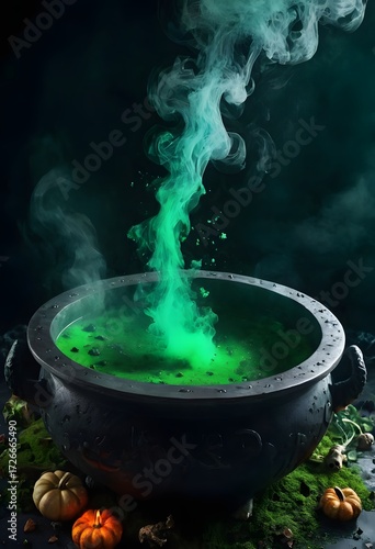 Close-up of a witches cauldron with bubbling green potion, smoke, herbs, bones and glowing embers