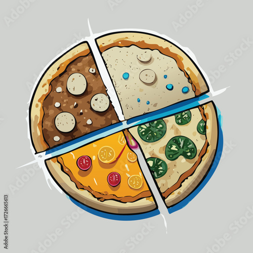 Deliciously illustrated pizza divided into four unique and distinct slices, each featuring a different gourmet topping, perfect for showcasing variety and culinary options