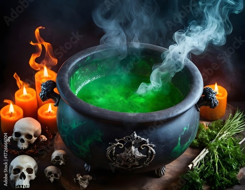 Close-up of a witches cauldron with bubbling green potion, smoke, herbs, bones and glowing embers