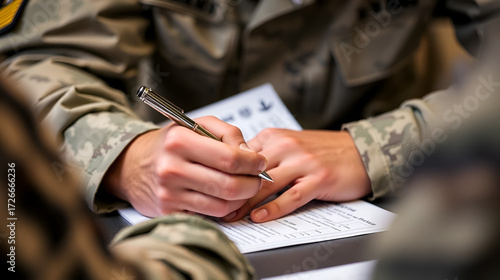 Military personnel complete absentee ballot forms. Person in uniform fills out paperwork. Hands hold pen over document. Voting process for service members. Civic duty, participation in elections.