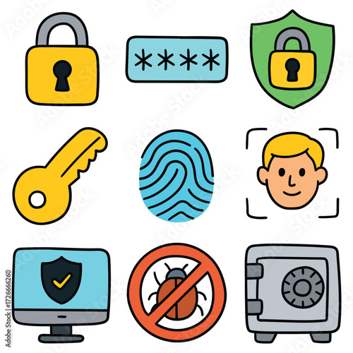 Hand-drawn cartoon security icon set isolated on white background. Padlock, password, shield, key, fingerprint, face id, computer, antivirus, safe. Vector illustration.