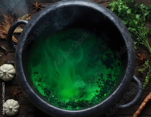 Close-up of a witches cauldron with bubbling green potion, smoke, herbs, bones and glowing embers
