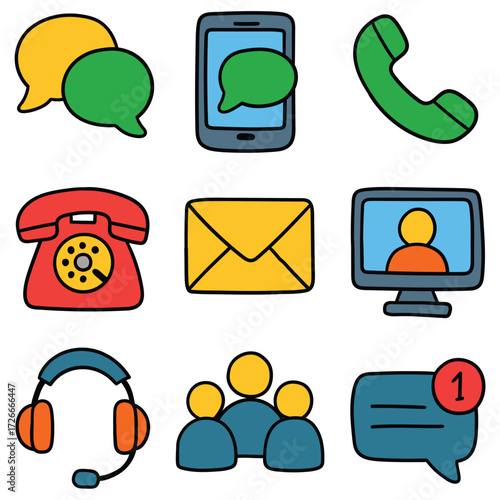 Hand-drawn cartoon communication icon set isolated on white background. Chat, sms, handset, landline telephone, envelope, video call, headphones, team, message. Vector illustration.
