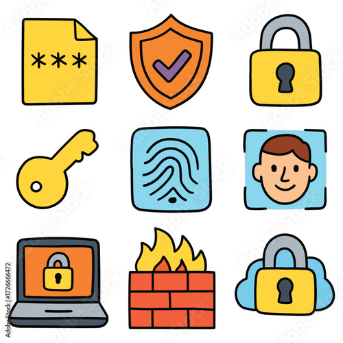 Hand-drawn cartoon security icon set isolated on white background. Password, shield, padlock, key, fingerprint, face id, laptop, firewall, secure cloud. Vector illustration.