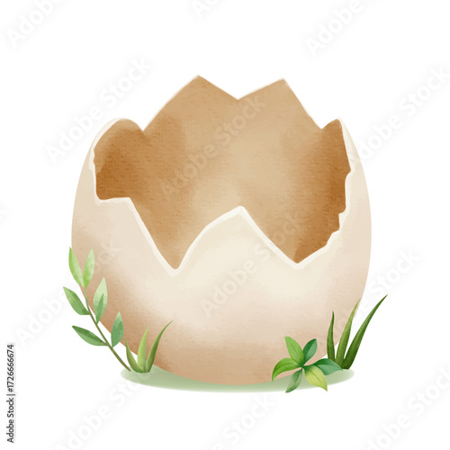 Empty animal egg shell. Watercolor prehistoric cracked egg from which baby dino hatched for kids decor.