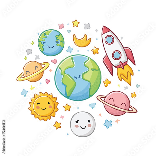 Cute cartoon space illustration of a friendly solar system, with smiling planets, sun, moon, and a rocket, perfect for children's education and playful designs