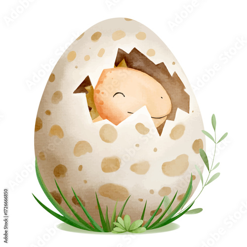 Cute baby dinosaur in egg. Watercolor prehistoric dino character sitting inside shell for kids design