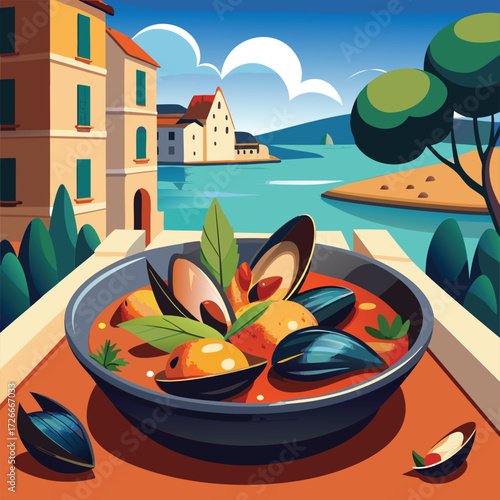 Mediterranean Seafood Stew on a Terrace
