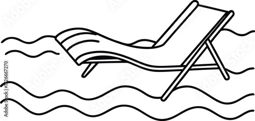 Black and white line art of a beach chair on waves