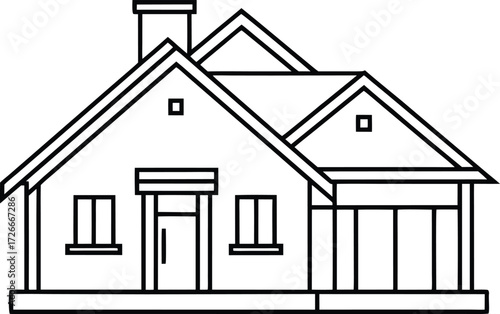 Black and white line drawing of a house with a chimney