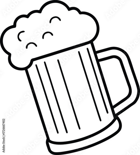 Black and white outline of a frothy beer mug drawing