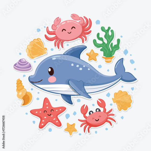 Cute Ocean Animals Illustration with Dolphin, Crabs, and Starfish