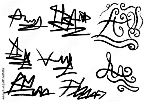 Collection of artistic graffiti tags and stylized signatures in black ink on a white background, showcasing unique lettering and abstract designs