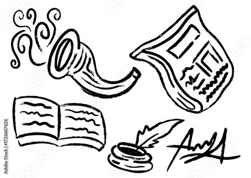 A horn, newspaper, book, and inkwell representing knowledge, music, and history