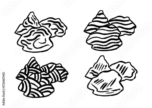 Stylized black and white illustration of various snack chips or crisps, showcasing different textures and patterns in four distinct piles, representing a common food item