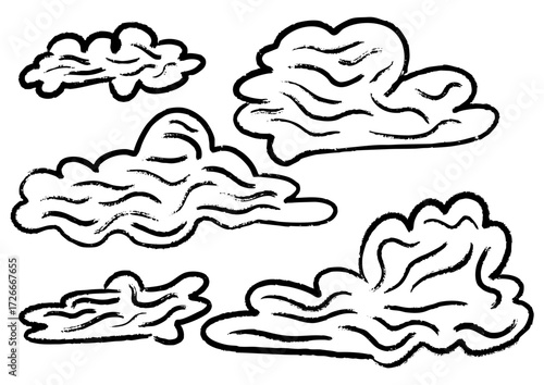 Set of various whimsical cloud shapes, illustrated with thick outlines and wavy lines for a stylized weather concept