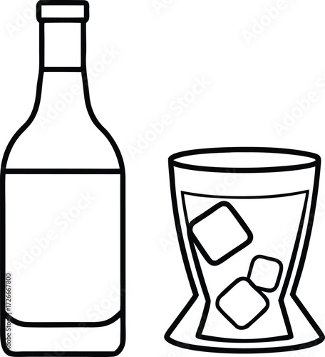 Black outline bottle and glass with ice cubes drink