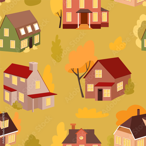 Seamless pattern of cozy autumn houses with trees and warm windows on mustard yellow background seasonal village illustration