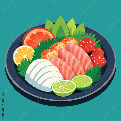 Plate of assorted sashimi with garnishes