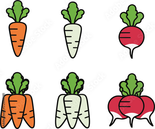 Carrot, Radish, and Turnip Vegetable Sets Vector Illustration