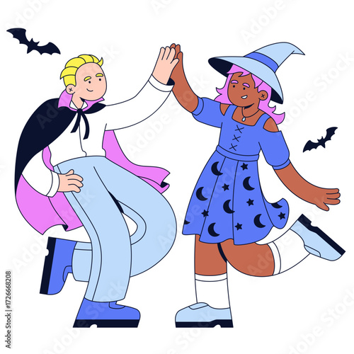 Young man and woman dancing in Halloween costumes
