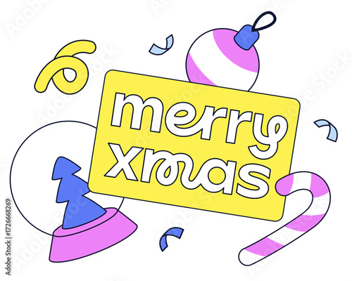 Lettering Merry Xmas with christmas snowball and candy cane