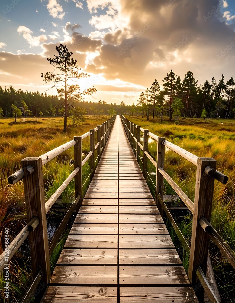 Fototapeta premium A wooden boardwalk extends into a golden sunset over a marsh. Tranquil scene of nature