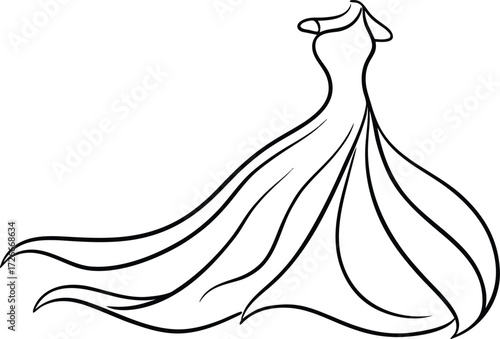 Black line art of a flowing ball gown on a white background