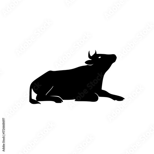 A black silhouette of a cow with horns and an udder, looking upwards, isolated on a white background.