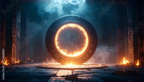 Mysterious Portal with Burning Energy in Ancient Chamber