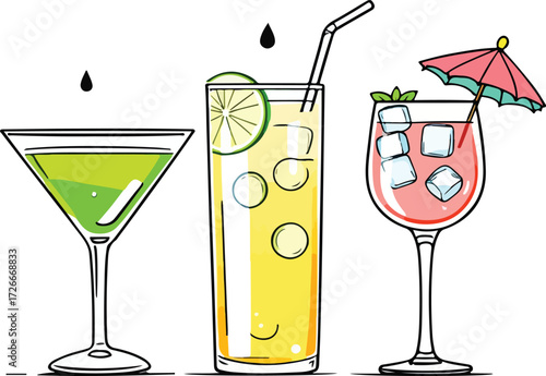 Stylized cocktail trio with martini, citrus highball, and tropical pink drink in festive glassware illustration