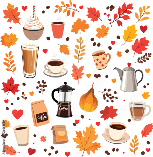 Autumn coffee illustration with mugs, French press, cupcake, leaves, and cozy seasonal accessories