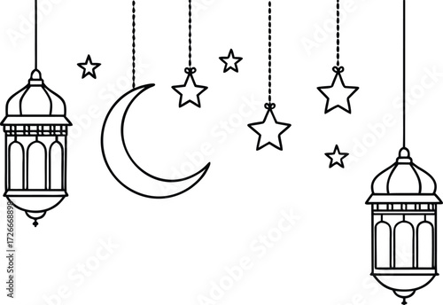 Crescent moon and stars hanging with lanterns vector