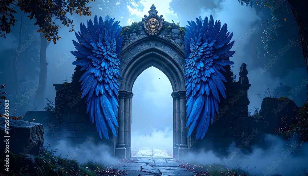 Fototapeta premium Mysterious Stone Archway with Blue Feather Wings in a Misty Forest