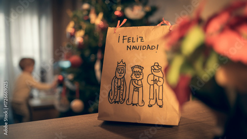 Bolsa de navidad de papel con reyes magos dibujados y niño desenfocado de fondo