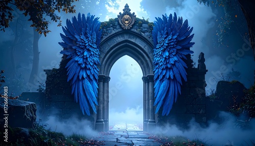 Mysterious Stone Archway with Blue Feather Wings in a Misty Forest