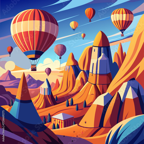 Hot Air Balloons Over Cappadocia – Dynamic Vector Travel Illustration