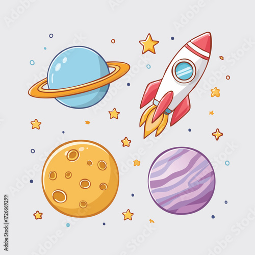 A charming collection of hand-drawn space exploration icons, featuring a cute rocket ship, whimsical planets, and stars for a cosmic adventure