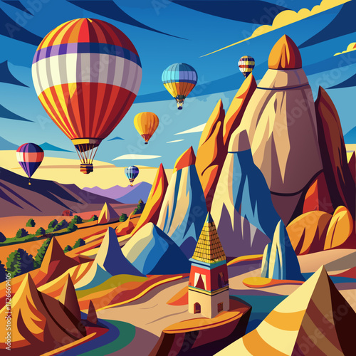 Hot Air Balloons Over Cappadocia – Dynamic Vector Travel Illustration