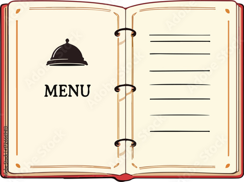 Open menu book with cloche icon and lined page layout in red cover for restaurant and food service design