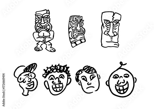 Whimsical hand-drawn illustrations featuring tribal masks and diverse expressive human faces, a versatile set for creative and cultural design themes