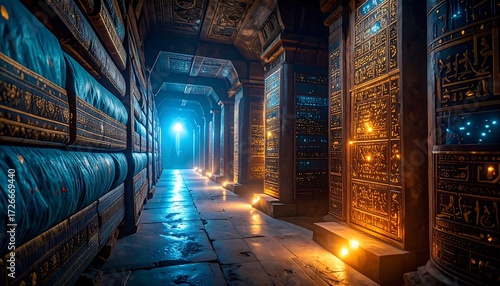 Mysterious Stone Corridor with Glowing Lights and Intricate Designs